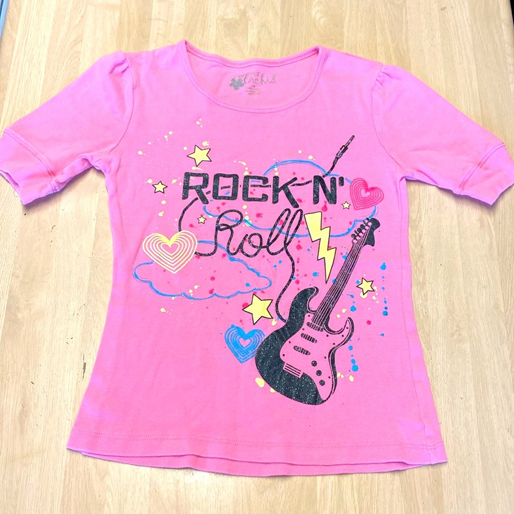 Forever Orchid Girls 10 Pink Glittered Graphic Rock N Roll Guitar Tee